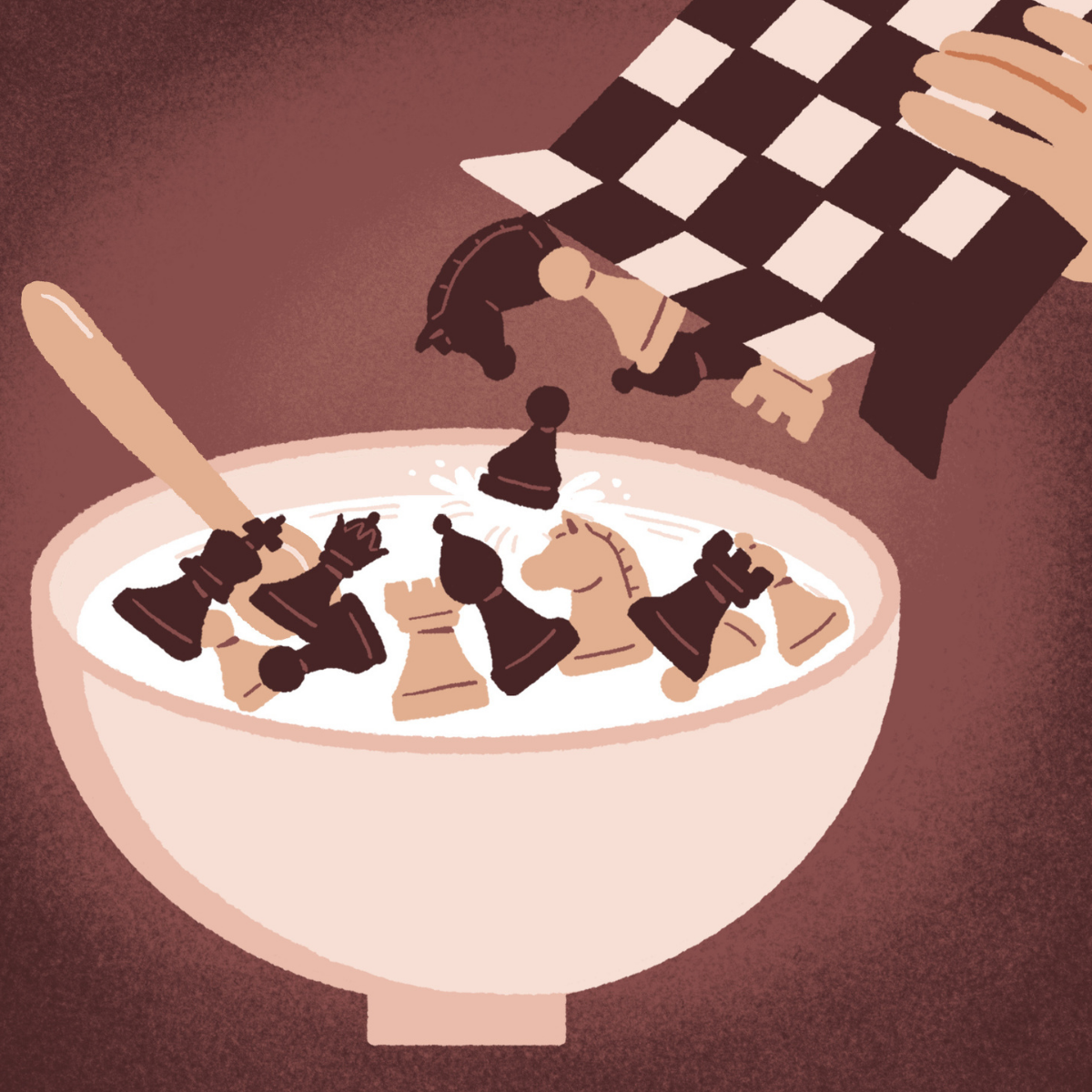 Scriberia, an illustration of a breakfast cereal bowl full of chess pieces. 